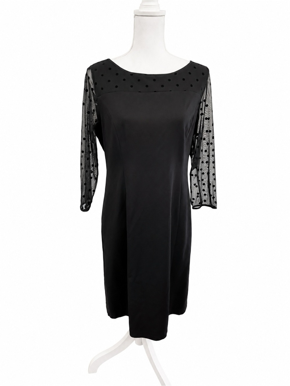 Talbots Petites Black Midi Sheath Dress Polka Dot Mesh Sleeves 10P Cocktail